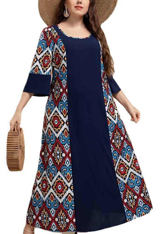 Boho Navy O Neck Print Patchwork Cotton Dresses Half Sleeve