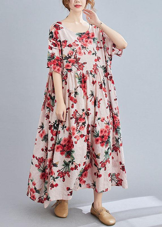 Boho Pink Floral O-Neck Patchwork Summer Half Sleeve Dresses