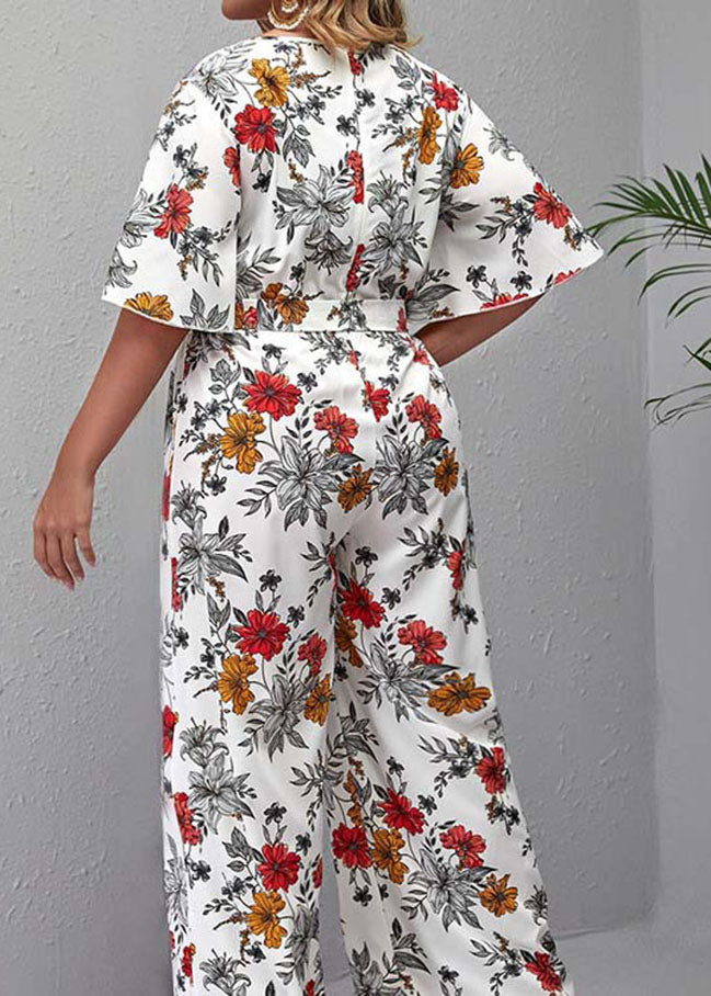 Boho White O-Neck Print Tie Waist Jumpsuit Summer