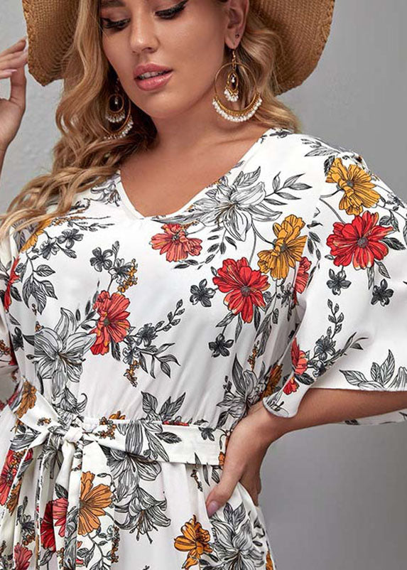 Boho White O-Neck Print Tie Waist Jumpsuit Summer