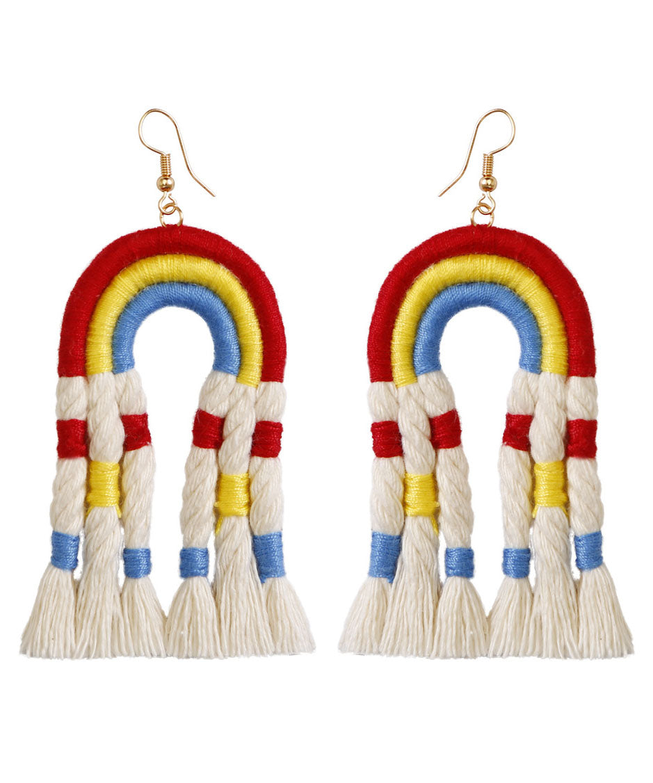 Boutique Red Thread Hand Knitting Tassel Rainbow Drop Earrings