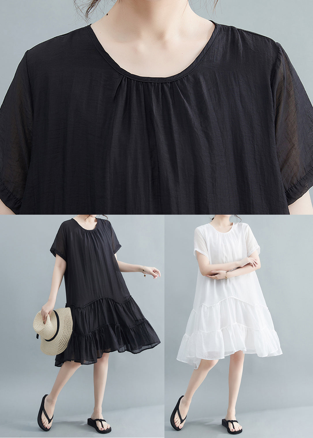Casual Black O-Neck Patchwork Wrinkled Cotton Dresses Summer