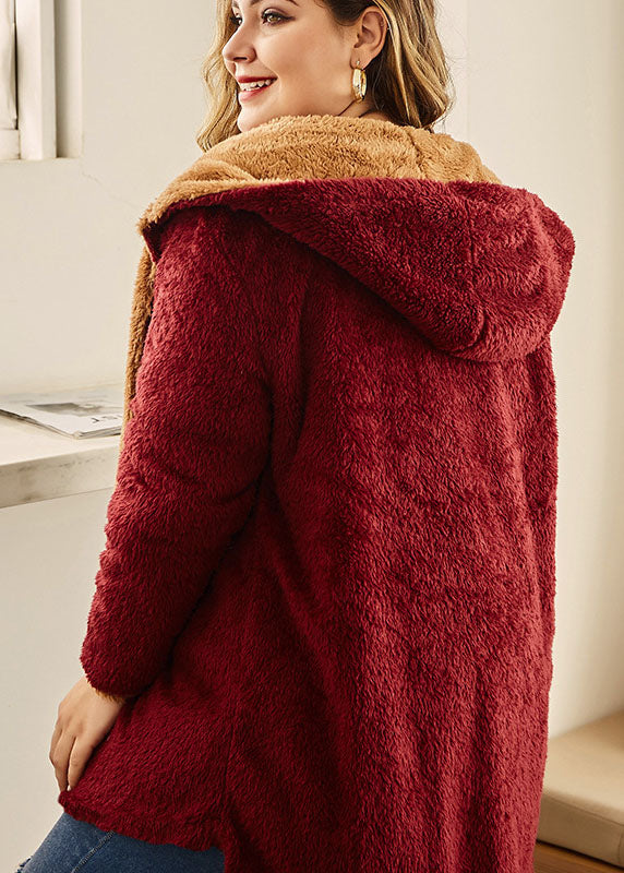 Casual Mulberry Patchwork Faux Fur Hooded Coat Fall
