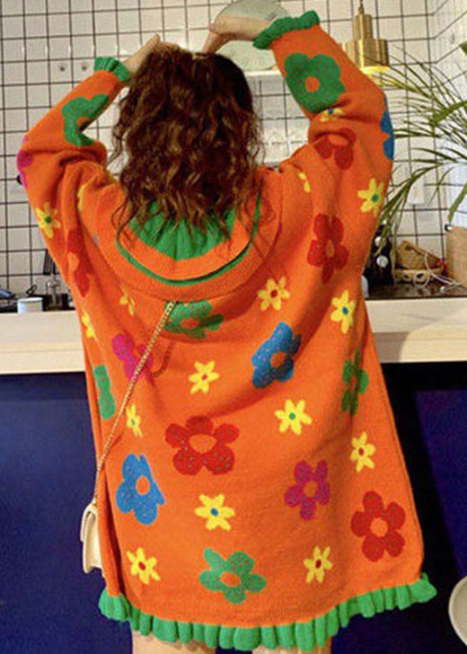 Casual Orange Peter Pan Collar Floral Knit Sweaters Winter