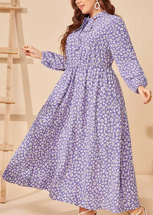Casual Purple Peter Pan Collar Print Patchwork Wrinkled Cotton Maxi Dresses Fall