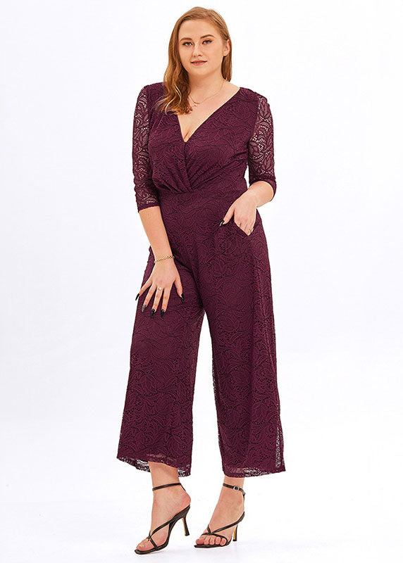 Casual Wine Red V Neck Wrinkled Lace Wide Leg Jumpsuit Bracelet Sleeve