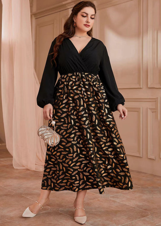 Chic Black V Neck Ruffled Patchwork Chiffon Long Dresses Long Sleeve