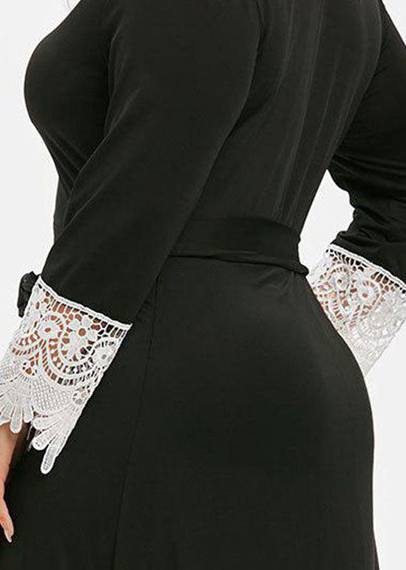 Chic Black V Neck Tie Waist Button Lace Patchwork Knit Long Dress Long Sleeve