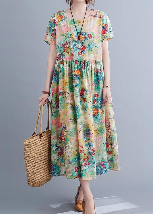 Chic Pink Print Cotton Pockets Summer Dress