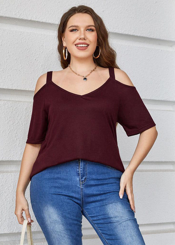 Chic Wine Red Backless Patchwork Loose Cotton T Shirts Top Summer