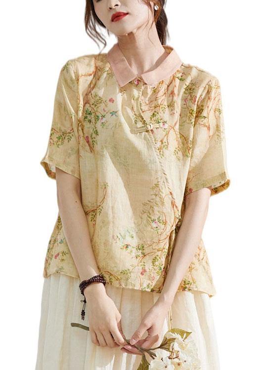 Classy Apricot Patchwork Print Button Summer Ramie Blouse Half Sleeve