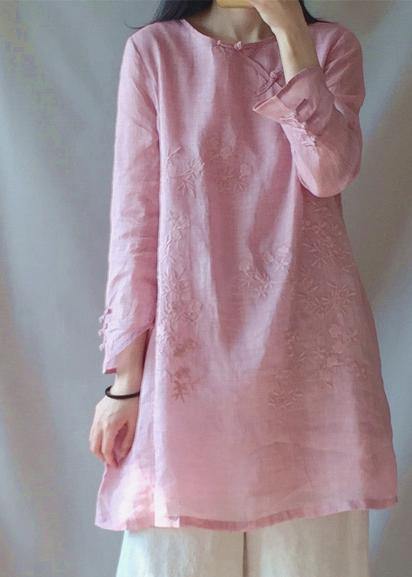 Classy O Neck Chinese Button Clothes For Women Shape Pink Embroidery Shirt