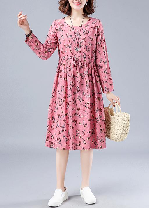 Classy O Neck Drawstring Spring Outfit Runway Pink Print Dress