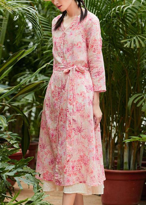 Classy pink print linen clothes v neck tie waist Maxi summer Dress