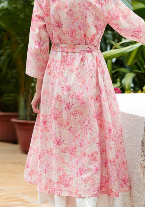 Classy pink print linen clothes v neck tie waist Maxi summer Dress