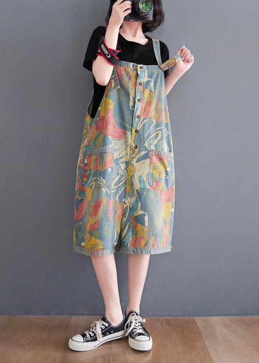 Comfy Light Blue Print Pockets Jumpsuit Shorts Summer