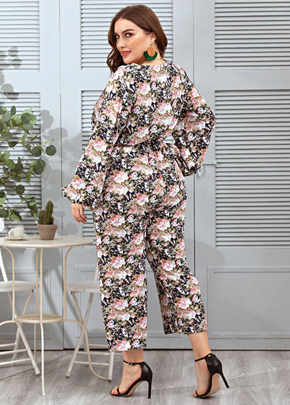 Cute Peter Pan Collar Print Lace Patchwork Straight Jumpsuit Long Sleeve