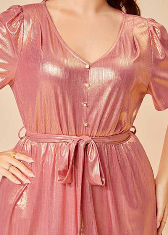 Cute Pink Tie Waist Solid Silk Holiday Maxi Dress Summer