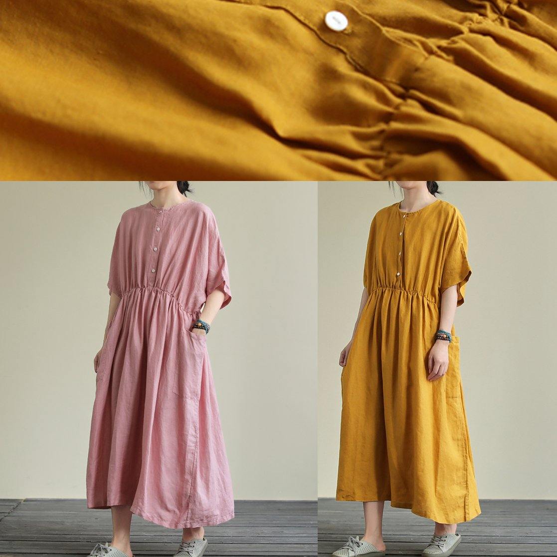 DIY o neck elastic waist linen summer dress Wardrobes pink Dresses
