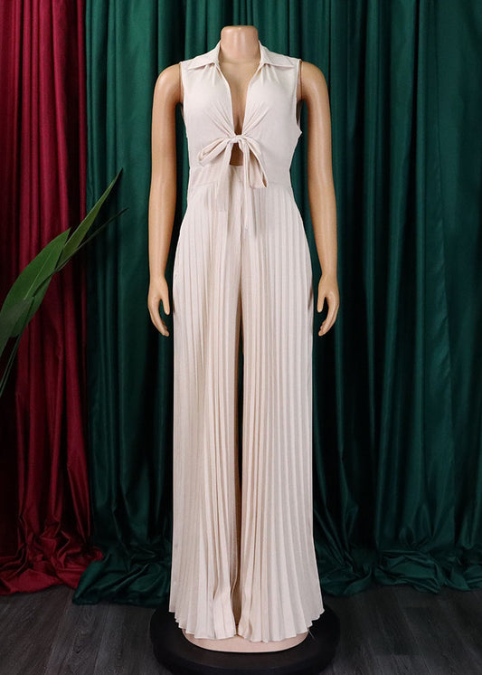 Elegant Apricot Peter Pan Collar Patchwork Wrinkled Tie Waist Spandex Jumpsuit Sleeveless