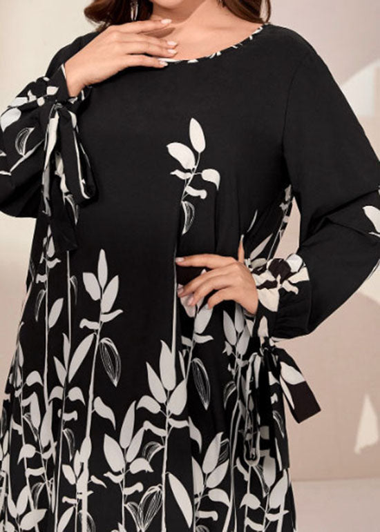 Elegant Black O Neck Print Bow Patchwork Chiffon Dress Long Sleeve