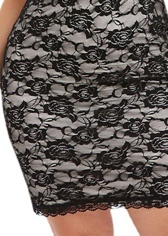Elegant Black V Neck High Waist Lace Patchwork Mid Dress Short Sleeve