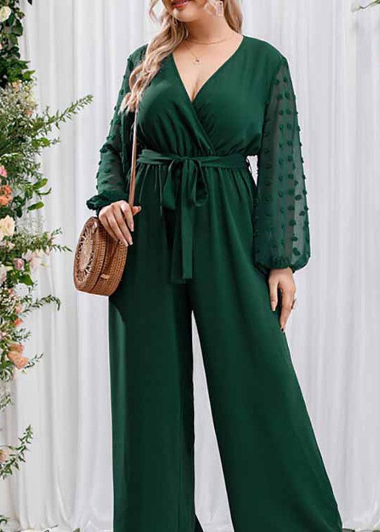 Elegant Blackish Green Bow Tie Waist Chiffon Jumpsuits Long Sleeve