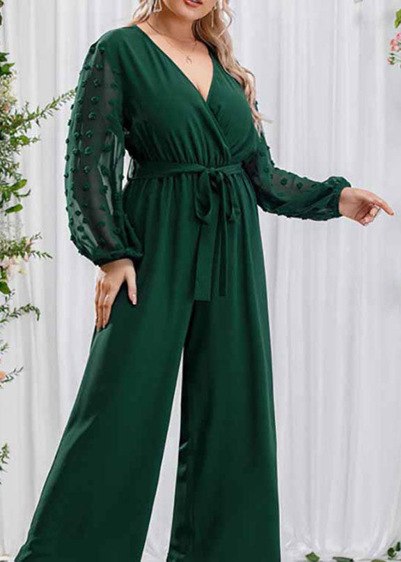 Elegant Blackish Green Bow Tie Waist Chiffon Jumpsuits Long Sleeve