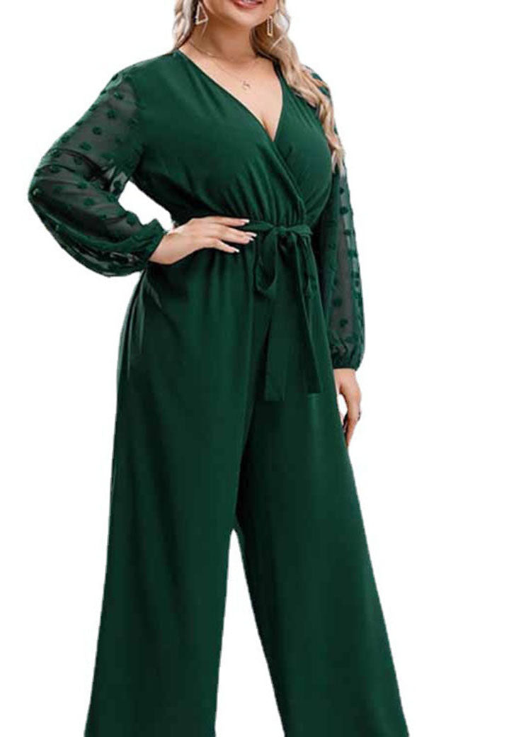 Elegant Blackish Green Bow Tie Waist Chiffon Jumpsuits Long Sleeve