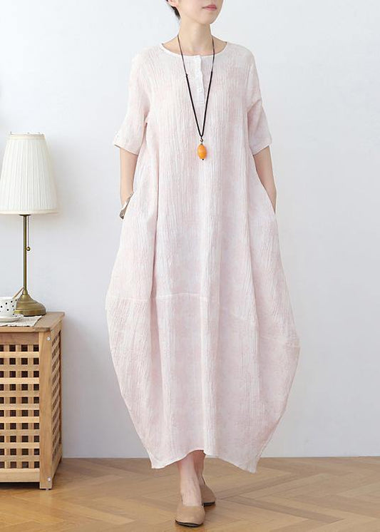 Elegant Iight Pink Floral Linen Summer Dress