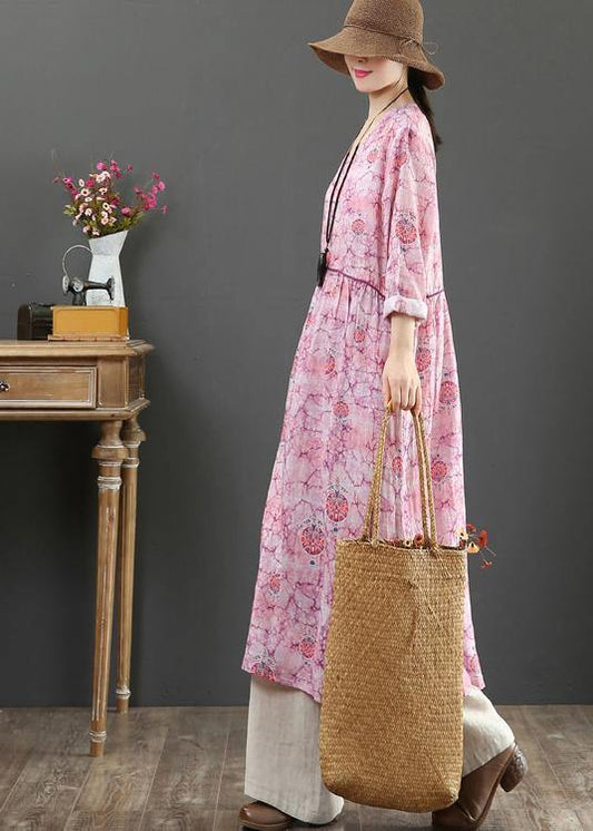 Elegant O Neck Cinched Spring Tunics Photography Pink Print Maxi Dresses