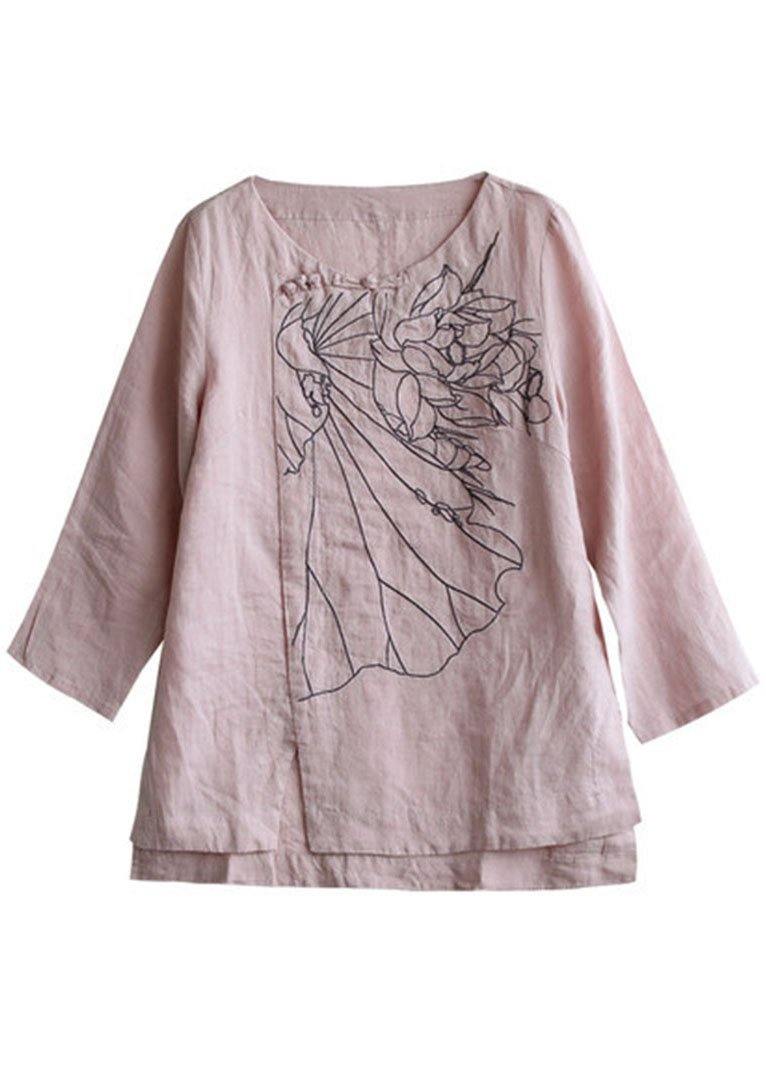 Elegant Pink O-Neck Button Embroideried Fall Linen Long Sleeve Top