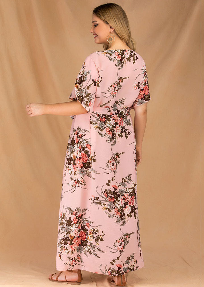 Elegant Pink Print Tie Waist Patchwork Chiffon Long Dresses Flare Sleeve