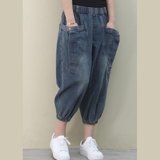 Elegant dark denim blue trousers summer pockets Cotton shorts