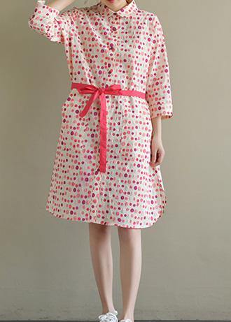 Elegant lapel pockets Cotton dress pink dotted Dress summer