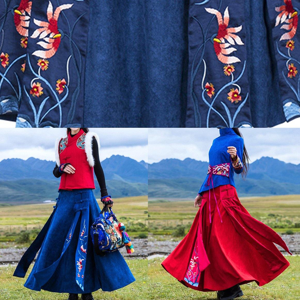 Elegant navy cotton quilting clothes Chinese Button loose embroidery skirts