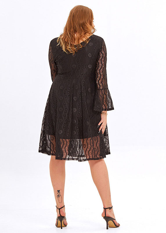 Fashion Black V Neck Patchwork Lace A Line Mid Dresses Flare Sleeve