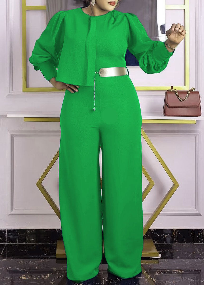 Fashion Green O-Neck Asymmetrical Patchwork Wide Leg Jumpsuits Long Sleeve