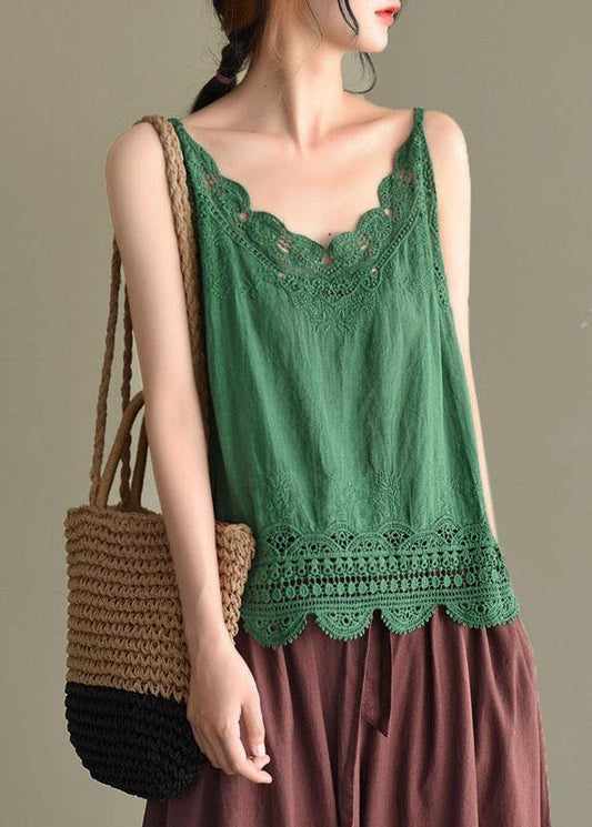 Fashion Pink Embroideried Lace Hollow Out Summer Cotton Vest Sleeveless