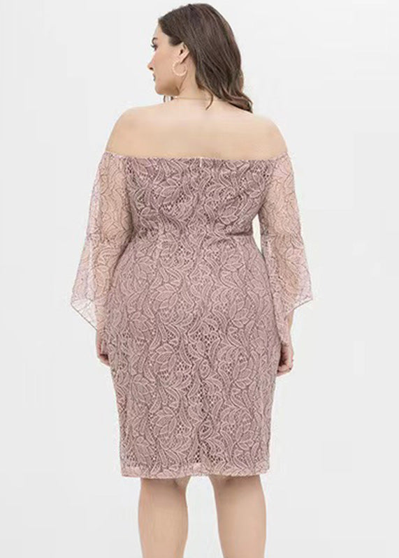 Модное розовое кружевное платье средней длины с косой чертой и коротким рукавом