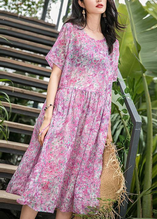 Fashion Women o neck patchwork linen pink print Dresses summer