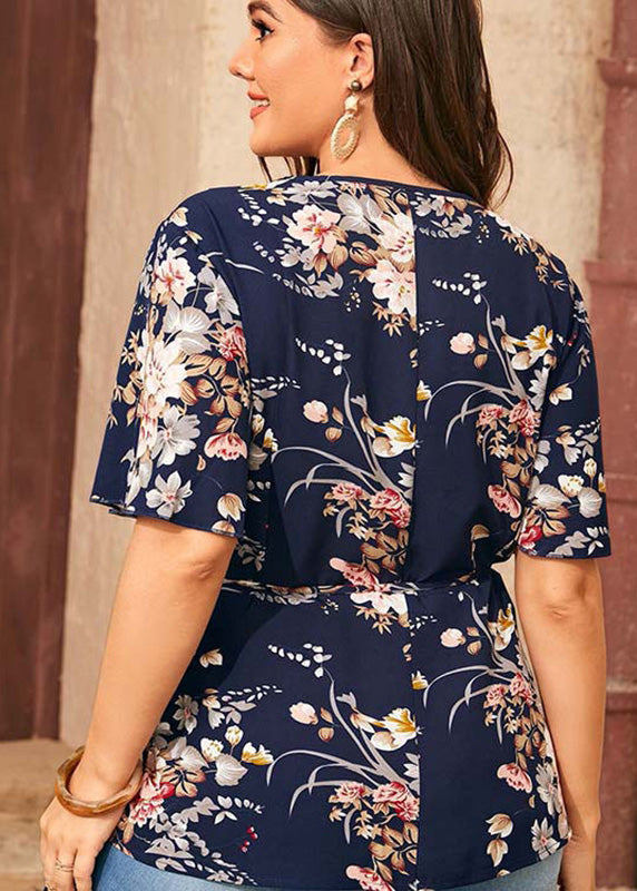 Feines, marineblaues Sommer-Chiffonoberteil mit V-Ausschnitt und bedruckter Taille