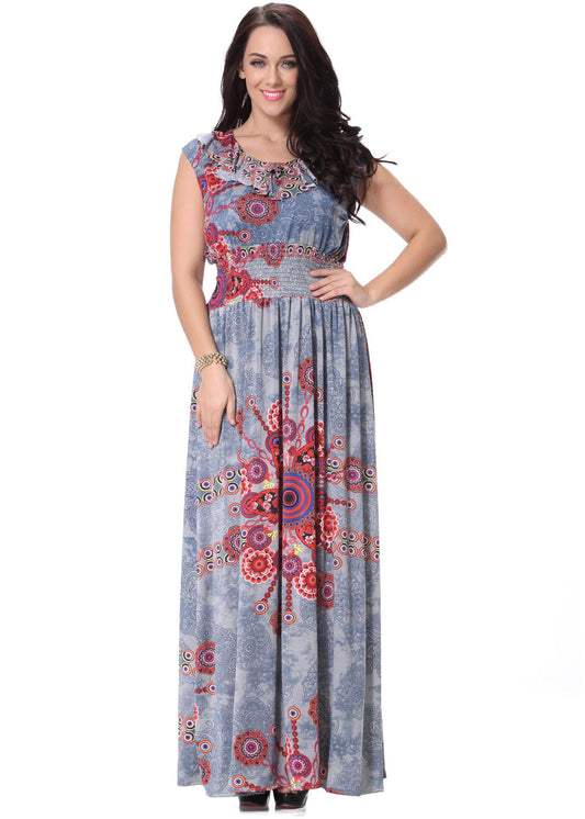 Fine O-Neck Print Elastic Waist Ice Size Long Dress Summer