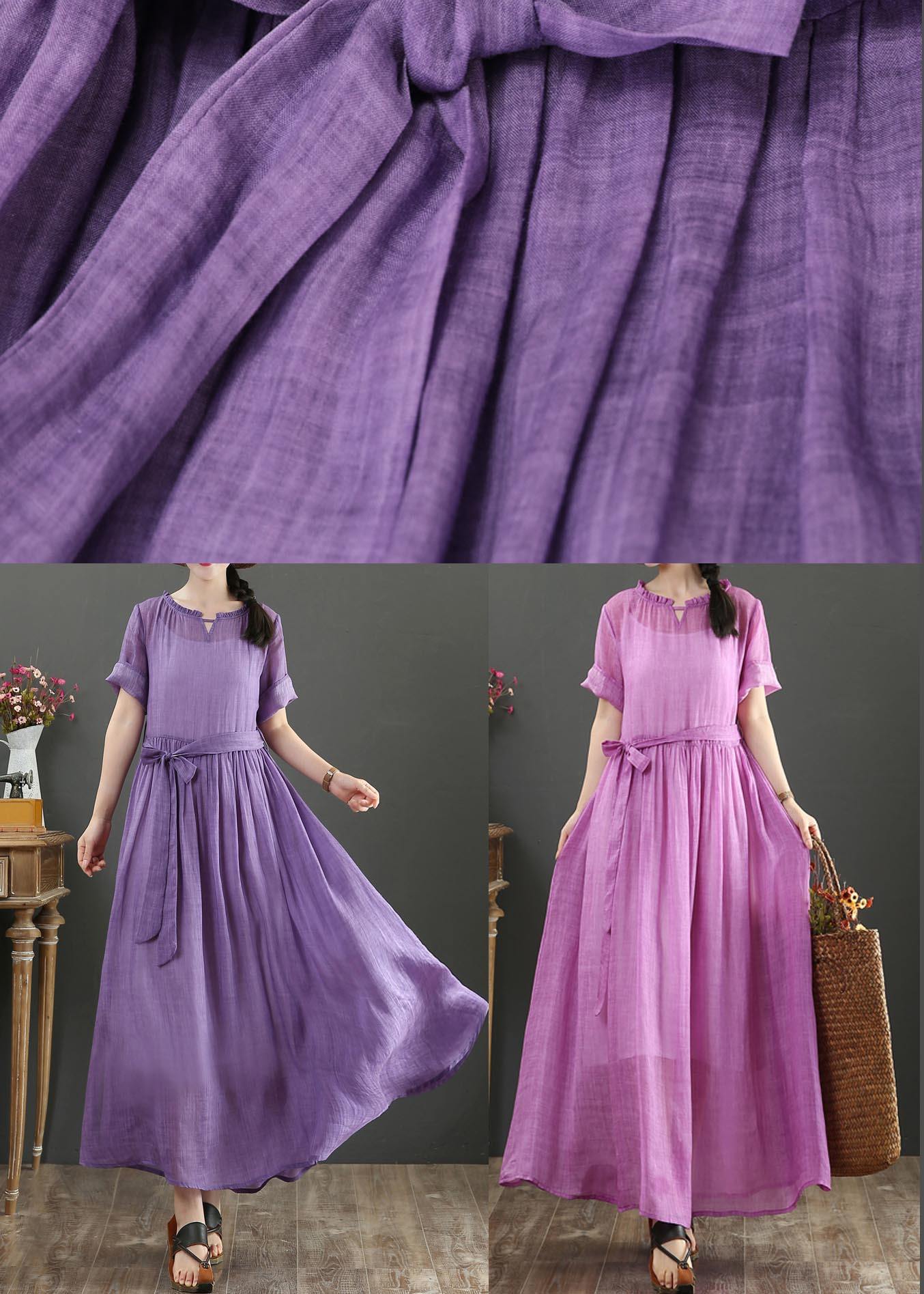 Fitted Pink Purple Bow O-Neck Summer Linen Dress