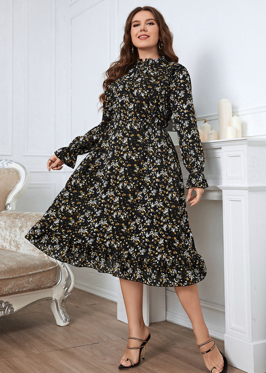French Black Ruffled Print Patchwork Chiffon Dress Flare Sleeve