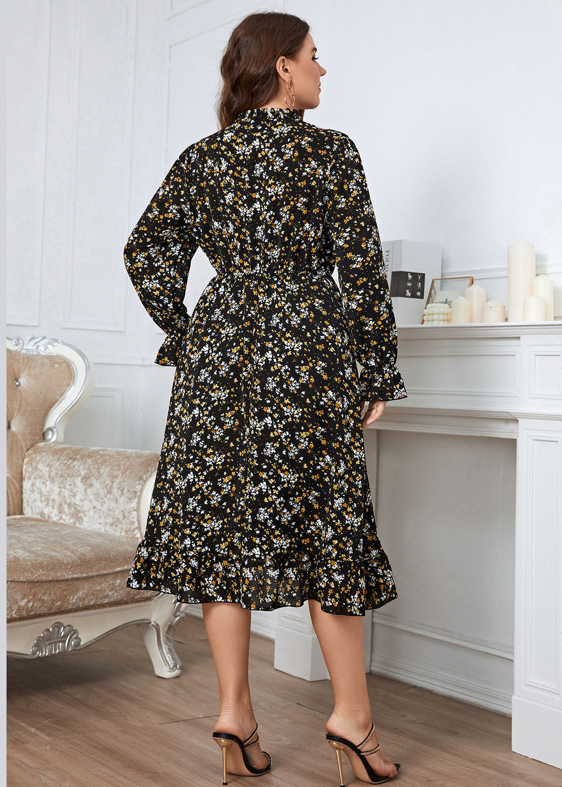 French Black Ruffled Print Patchwork Chiffon Dress Flare Sleeve
