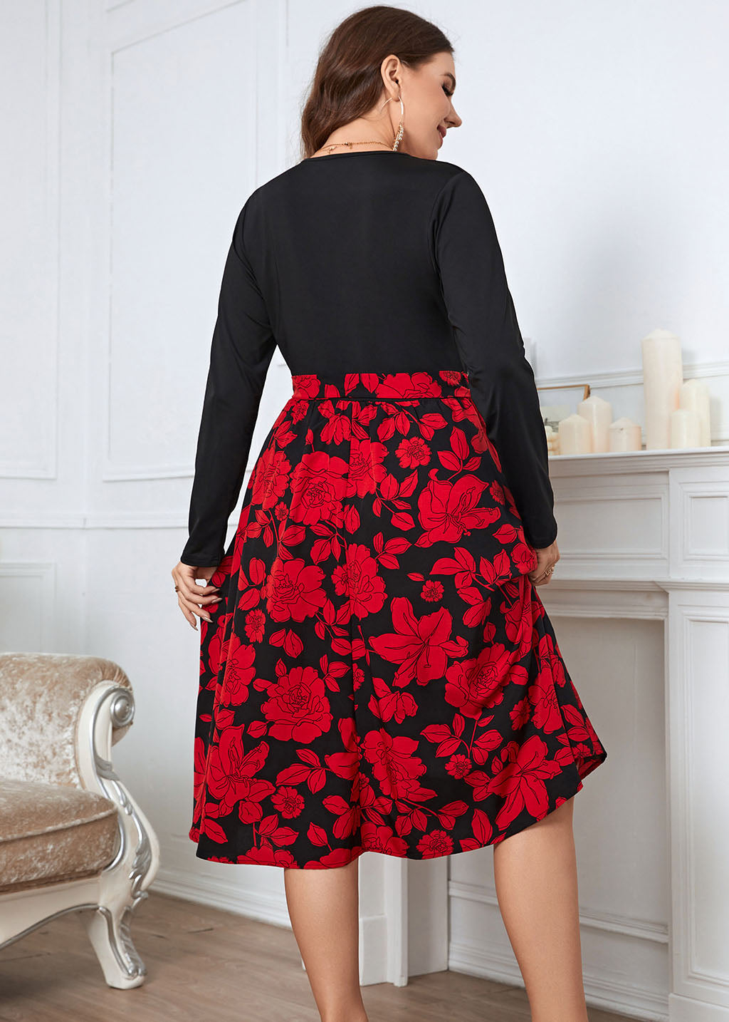 French Black V Neck Print Tie Waist Patchwork Cotton Dresses Fall