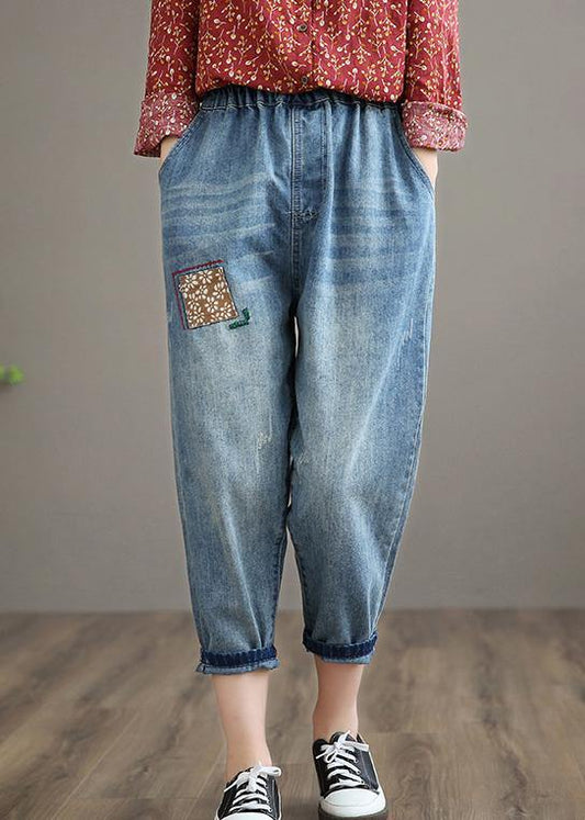 French Denim Blue High Waist Plus Size Clothing Spring Elastic Waist Patchwork Women Trousers
