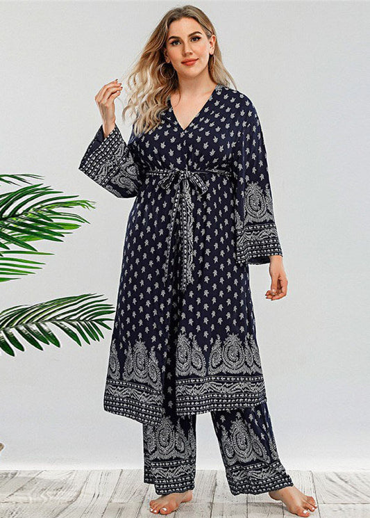 French Navy V Neck Print Tie Waist Patchwork Cotton Two Pieces Set Long Sleeve