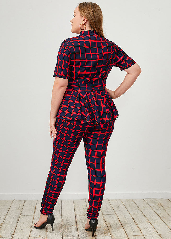 French Red Stand Collar Plaid Tie Waist Patchwork Cotton Two Pieces Set Summer